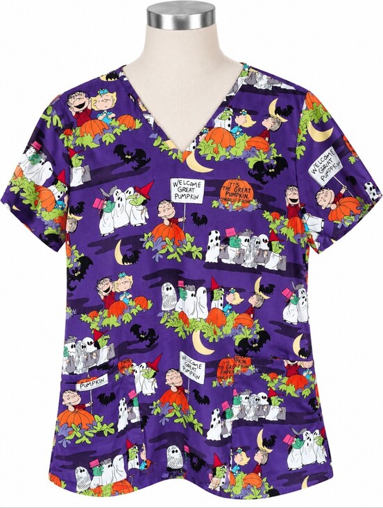Peanuts Tops - Peanuts Great Pumpkin Charlie Brown Halloween Scrub Top V-Neck Purple Large L